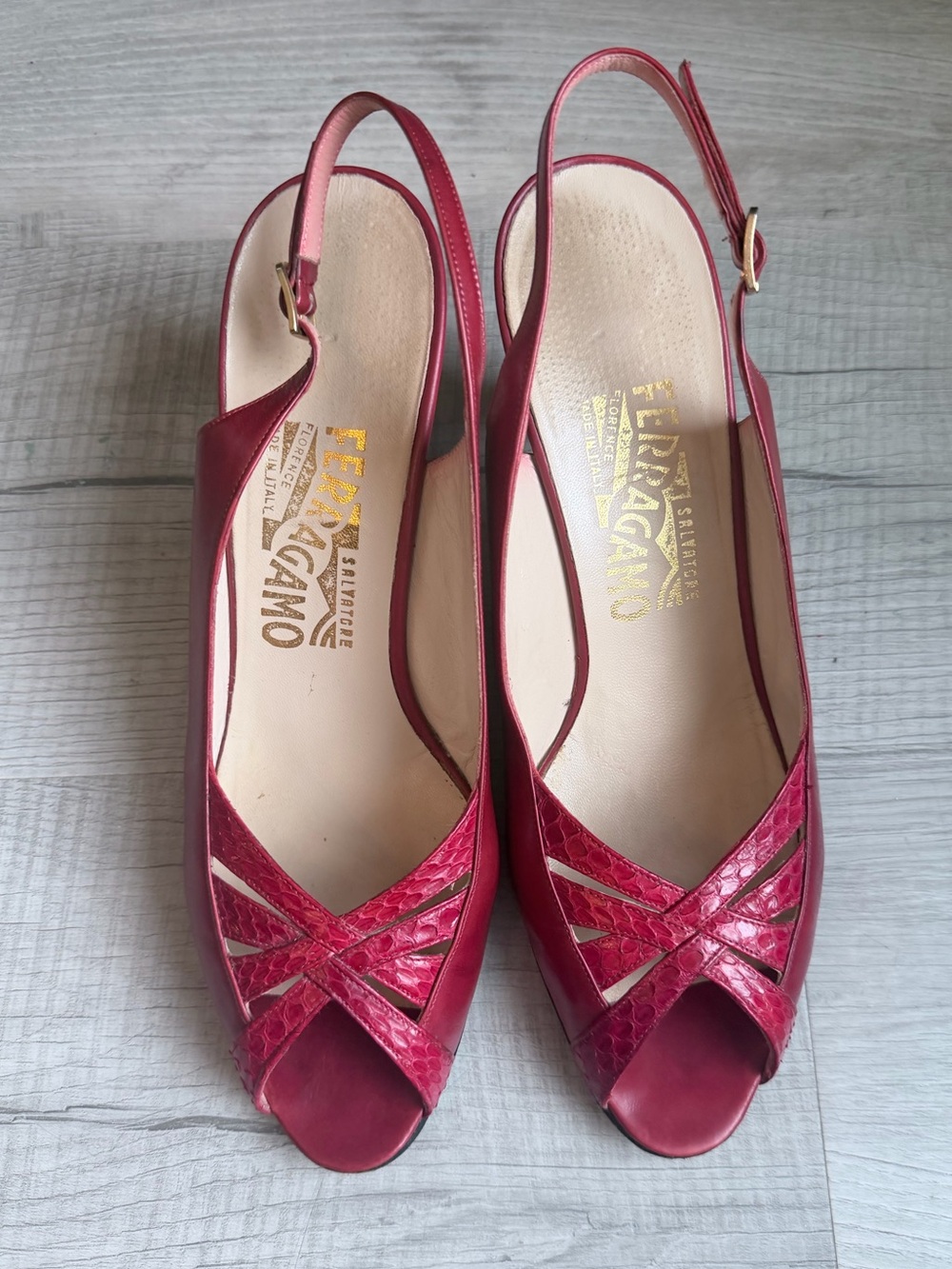 Salvatore Ferragamo Vintage Red Leather Slingback Peep Toe Heels 9.5B
